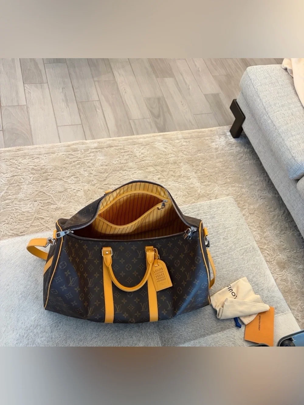 Louis Vuitton Keepall Bandoulière 50 MacassarYellow Leather Trim (M12634)